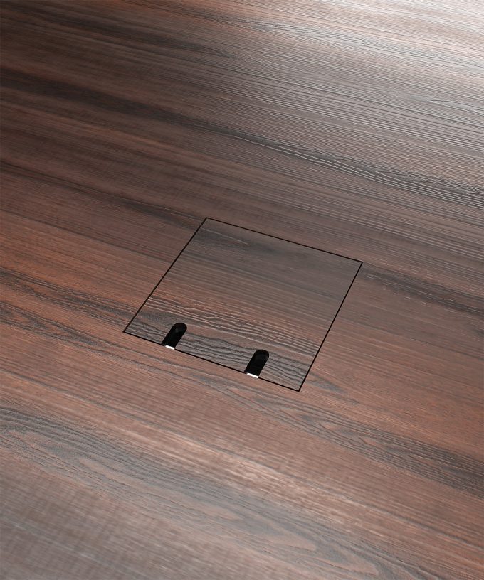 Bodensteckdose 8802B im Holzboden eingebaut Deckel mit Kabelauslass offen mit Bodenbelag