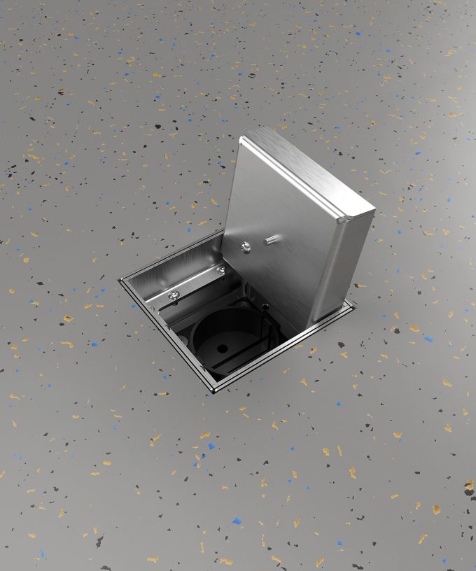 Bodensteckdose 8900B mit einer Steckdose im Vinylboden eingebaut mit Magnet im Deckel geschlossen